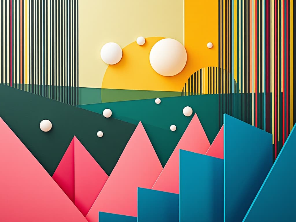  modern, abstract art piece featuring a combination of vertical lines and geometric shapes. the layout includes a series of vertical, multicolored lines that create a sense of depth and texture. the background consists of a gradient of green and yellow hues, resembling a field, with white spherical shapes distributed throughout, adding a three dimensional effect. in the foreground, there are pink and blue triangular forms that appear to be rising from the bottom, contributing to the layered composition. the overall style is contemporary and visually dynamic, with a focus on color contrast and spatial arrangement.