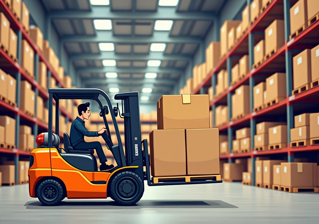  orange and black forklift truck lifting wooden pallet full of cartoon boxes in a warehouse full of containers and packages. industrial storage vehicle doing product distribution, storehouse logistics