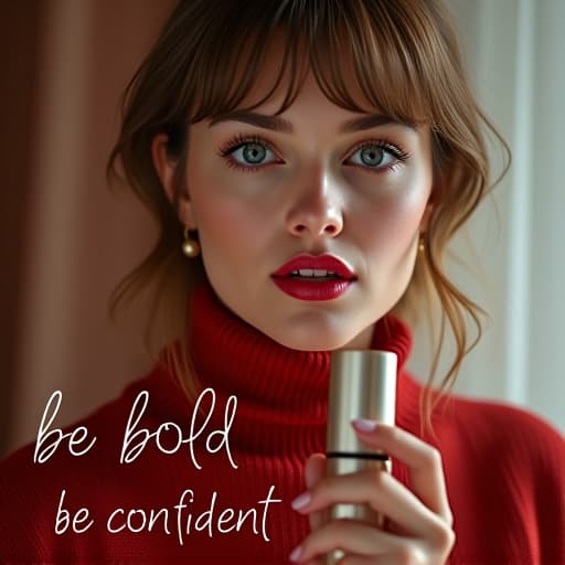  a bold, curious female, russian, adult, model profession, showing a lipstic product, there is text write on the image bottom side in bold font style "be bold be confident" hyperrealistic, full body, detailed clothing, highly detailed, cinematic lighting, stunningly beautiful, intricate, sharp focus, f/1. 8, 85mm, (centered image composition), (professionally color graded), ((bright soft diffused light)), volumetric fog, trending on instagram, trending on tumblr, HDR 4K, 8K