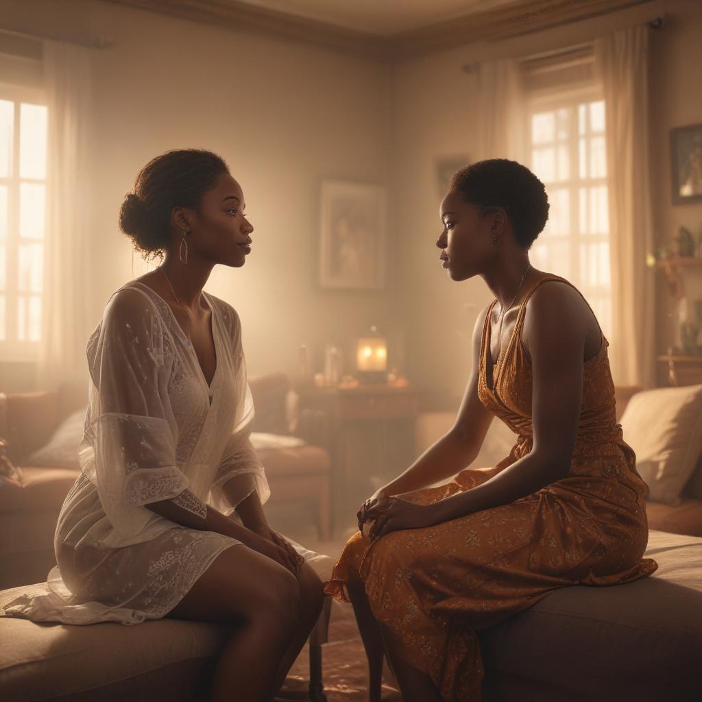 ((masterpiece)),(((best quality))), 8k, high detailed, ultra detailed, European woman and African woman bonding in a room, intimate atmosphere, cozy setting, warm lighting hyperrealistic, full body, detailed clothing, highly detailed, cinematic lighting, stunningly beautiful, intricate, sharp focus, f/1. 8, 85mm, (centered image composition), (professionally color graded), ((bright soft diffused light)), volumetric fog, trending on instagram, trending on tumblr, HDR 4K, 8K