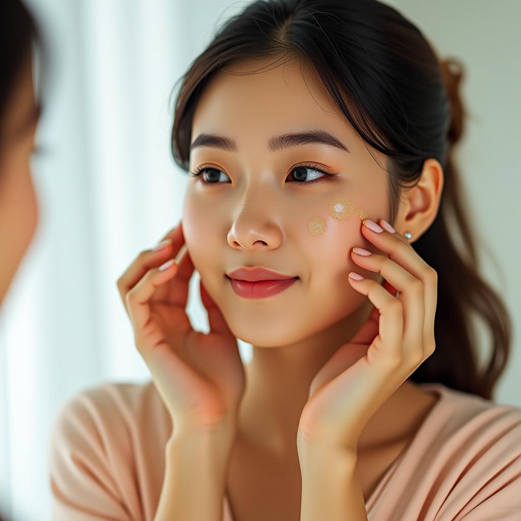  the girl is applying japanese face serum to her face in front of the mirror.