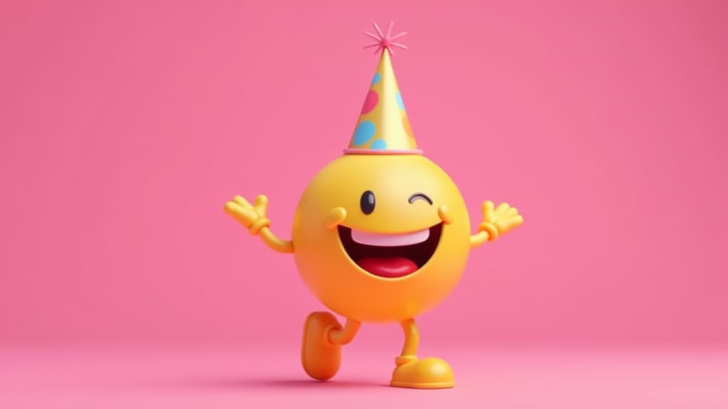  advertising style, stock photo, corporate branding style dancing smiley with party hat on head on pink background ar 16:9 . professional, clean, modern, product focused, commercial, eye catching, minimalist, business oriented, highly detailed