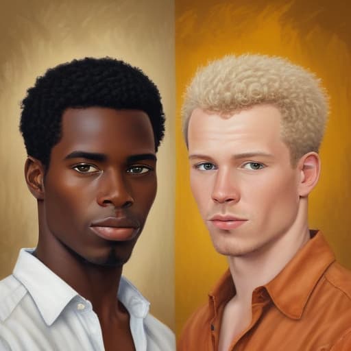 Two man’s. Two friends. First - Black man not from Afrika. Second - white man from Africa in Oil painting style