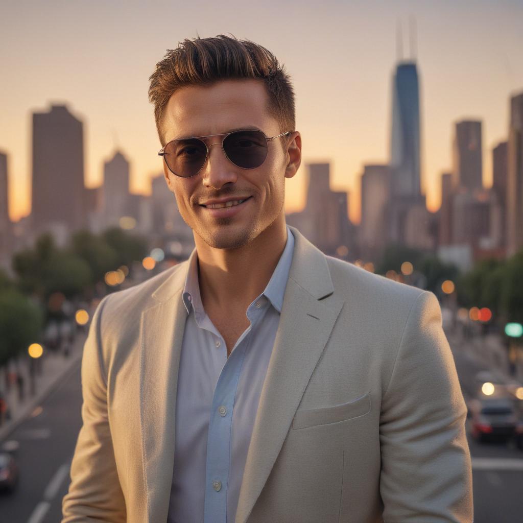 ((masterpiece)),(((best quality))), 8k, high detailed, ultra detailed, A handsome man wearing sunglasses, stylish haircut, confident smile, (city skyline in the background), evening light hyperrealistic, full body, detailed clothing, highly detailed, cinematic lighting, stunningly beautiful, intricate, sharp focus, f/1. 8, 85mm, (centered image composition), (professionally color graded), ((bright soft diffused light)), volumetric fog, trending on instagram, trending on tumblr, HDR 4K, 8K