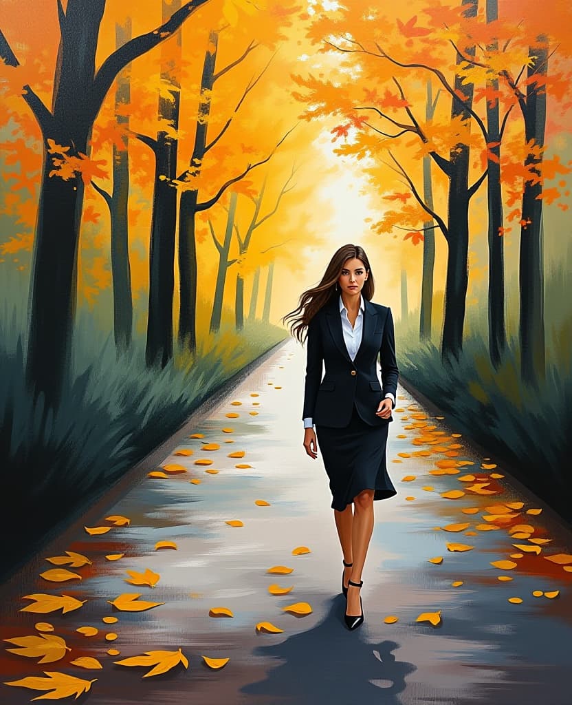  abstract expressionist painting a beautiful woman in a strict business suit walks along the alley of the park. fall. yellow leaves falling to the ground. camera at ground level. looking at the camera. . energetic brushwork, bold colors, abstract forms, expressive, emotional