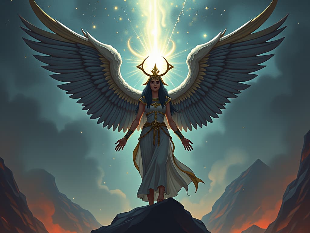  heavenly being with large wings, showering followers with light, symbol of divine enlightenment and hope. the style is digital art illustration / modern comic book / mysterious occult, symbolic, esoteric vibe,high detail on character design, incorporating ancient egyptian symbology and attire.