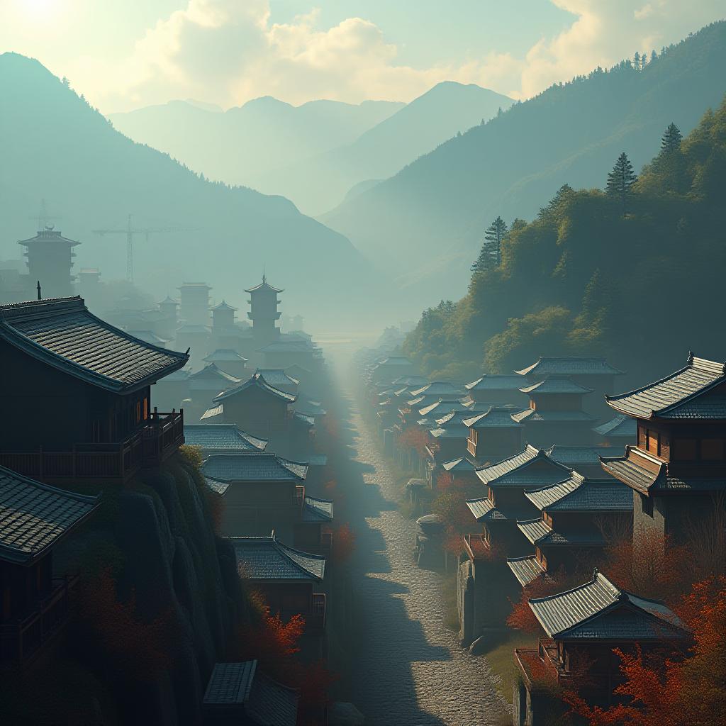  a visual of the ancient appearance of a place in the northwestern region of japan . the visual should include plenty of historical and cultural elements. it should also be a city view. hyperrealistic, full body, detailed clothing, highly detailed, cinematic lighting, stunningly beautiful, intricate, sharp focus, f/1. 8, 85mm, (centered image composition), (professionally color graded), ((bright soft diffused light)), volumetric fog, trending on instagram, trending on tumblr, HDR 4K, 8K