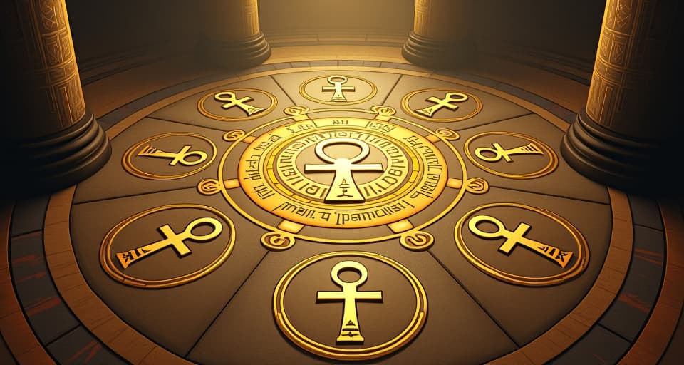  eight golden ankh symbols, each inscribed with different hieroglyphs representing virtues, arranged in a circular pattern on an ornate stone floor, radiant with divine light. the style is digital art illustration / modern comic book / mysterious occult, symbolic, esoteric vibe,high detail on character design, incorporating ancient egyptian symbology and attire.