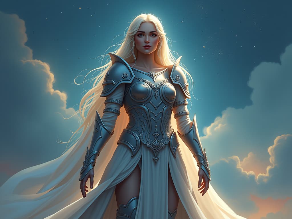  a warrior queen in ethereal armor, her stance strong and resolute, under a sky lit with faint, shimmering stars. the mood is one of fortifying character.. the style is digital art illustration,highly detailed, whimsical,magical, dreamlike atmosphere, realism and fantasy blend, smooth, glossy textures,luminous quality, wonder and enchantment.