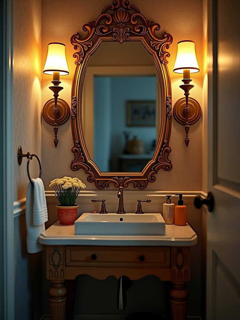  high quality portrait photo of a vintage inspired vanity with modern sconce lights mounted on an ornate mirror, blending old world charm with contemporary functionality in a small powder room hyperrealistic, full body, detailed clothing, highly detailed, cinematic lighting, stunningly beautiful, intricate, sharp focus, f/1. 8, 85mm, (centered image composition), (professionally color graded), ((bright soft diffused light)), volumetric fog, trending on instagram, trending on tumblr, HDR 4K, 8K