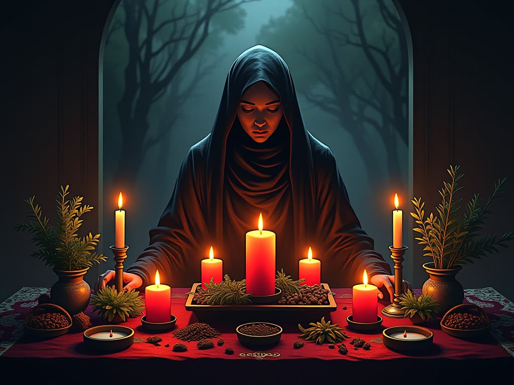  a ceremonial altar with protective herbs, candles burning brightly, sense of sacred ritual and self care. the style is digital art illustration / modern comic book / graphic dark novel fantasy and mysterious occult, symbolic, moody lighting, esoteric vibe,high detail on character design. for the color scheme emphasize blacks and reds.