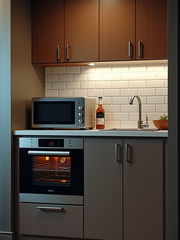  high quality portrait photo of an all in one countertop appliance center featuring a mini oven, two burner induction cooktop, and a small sink, all integrated into a single unit against a subway tiled backsplash hyperrealistic, full body, detailed clothing, highly detailed, cinematic lighting, stunningly beautiful, intricate, sharp focus, f/1. 8, 85mm, (centered image composition), (professionally color graded), ((bright soft diffused light)), volumetric fog, trending on instagram, trending on tumblr, HDR 4K, 8K