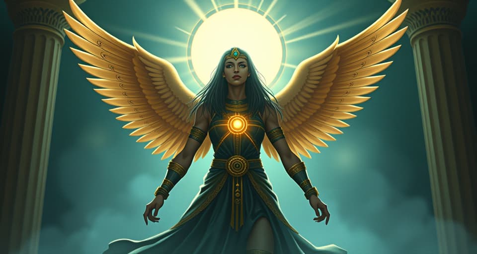  ethereal light emanating from within the figure, glowing with divine radiance, atmosphere of powerful inner light.. the style is digital art illustration / modern comic book / mysterious occult, symbolic, esoteric vibe,high detail on character design, incorporating ancient egyptian symbology and attire.