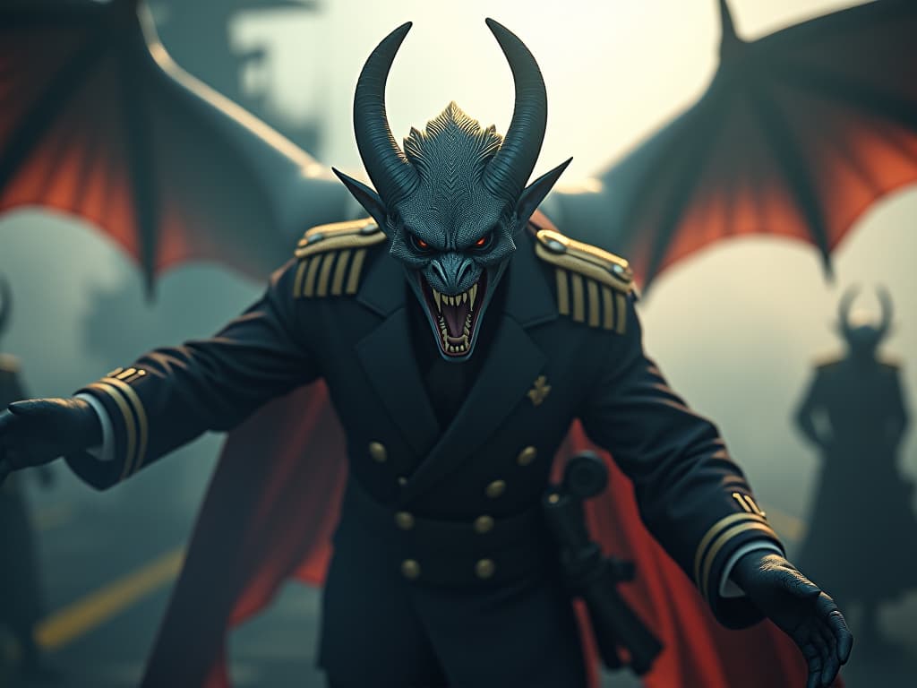  a fierce depiction of admiral shizaburo osawa, the 'gargoyle', orchestrating his naval forces aboard a japanese aircraft carrier. hyperrealistic, full body, detailed clothing, highly detailed, cinematic lighting, stunningly beautiful, intricate, sharp focus, f/1. 8, 85mm, (centered image composition), (professionally color graded), ((bright soft diffused light)), volumetric fog, trending on instagram, trending on tumblr, HDR 4K, 8K