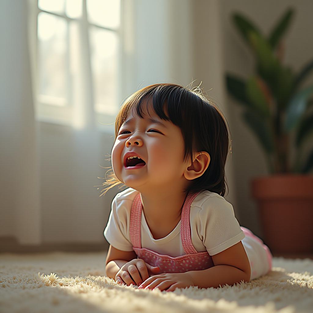  a little girl is crying, left home alone, and waiting for her mom.