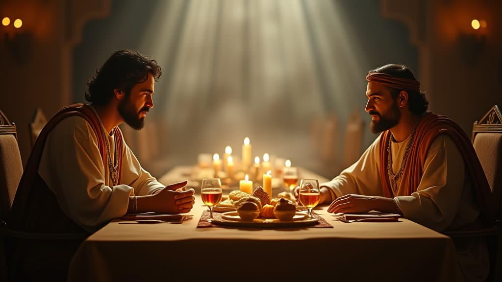  history of biblical times, isaac sitting with abimelech, discussing terms for peace over a lavish banquet, both looking relieved and happy. hyperrealistic, full body, detailed clothing, highly detailed, cinematic lighting, stunningly beautiful, intricate, sharp focus, f/1. 8, 85mm, (centered image composition), (professionally color graded), ((bright soft diffused light)), volumetric fog, trending on instagram, trending on tumblr, HDR 4K, 8K