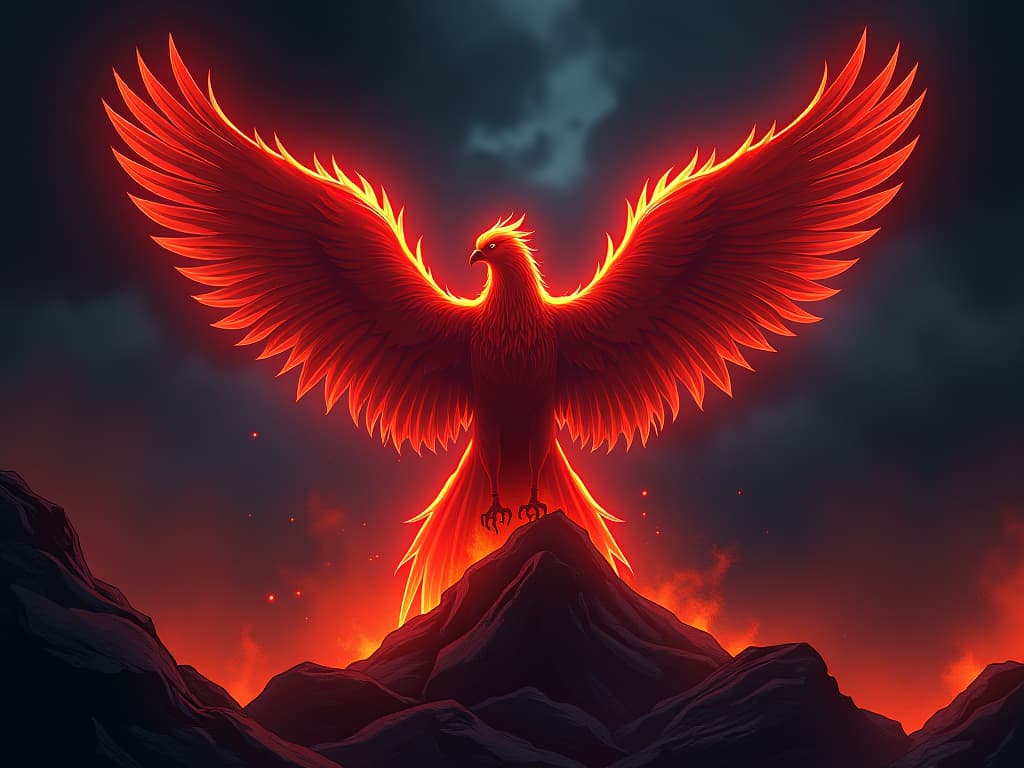  shimmering phoenix, red feathers ablaze, rising from ashes, night sky backdrop, sense of rebirth and hope. the style is digital art illustration / modern comic book / graphic dark novel fantasy and mysterious occult, symbolic, moody lighting, esoteric vibe,high detail on character design. for the color scheme emphasize blacks and reds.