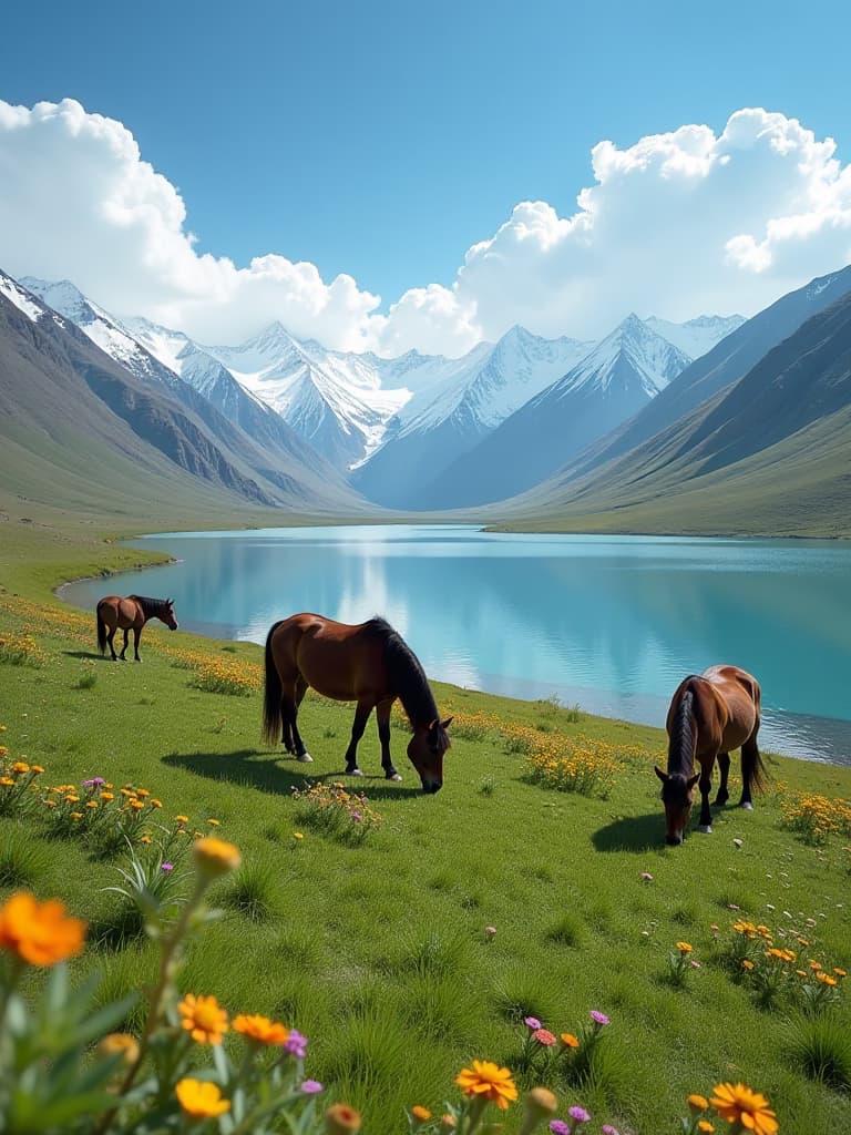  laddakh, in the distance is the rolling snow capped mountains, the sky is blue sky and white clouds, and nearby is a green basin. in the middle of the basin, there is water flowing from the snow capped mountains, which flows into the lake. the lake water is clear to the bottom. there are horses grazing on the grass around the lake. there are wildflowers of various colors on the grass. very beautiful pictures, beautiful, high resolution hyperrealistic, full body, detailed clothing, highly detailed, cinematic lighting, stunningly beautiful, intricate, sharp focus, f/1. 8, 85mm, (centered image composition), (professionally color graded), ((bright soft diffused light)), volumetric fog, trending on instagram, trending on tumblr, HDR 4K, 8K