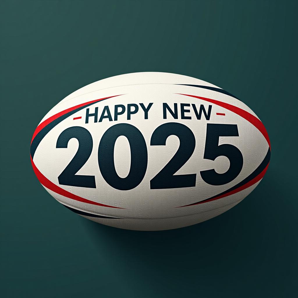  happy new 2025 year rugby themed, white rugby ball background, sport concept, template, numbers