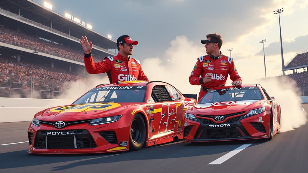  prompt: create an ultra realistic image showcasing joey logano from penske ford and christopher bell from gibbs toyota in a dramatic nascar cup 2024 playoff race setting. include logano confidently driving his car with intense focus, surrounded by the roaring crowd. bell should be depicted celebrating a victory with his team, exuding confidence and determination. incorporate logos of penske ford and gibbs toyota, along with visual elements symbolizing race wins, stage wins, and playoff advanceme