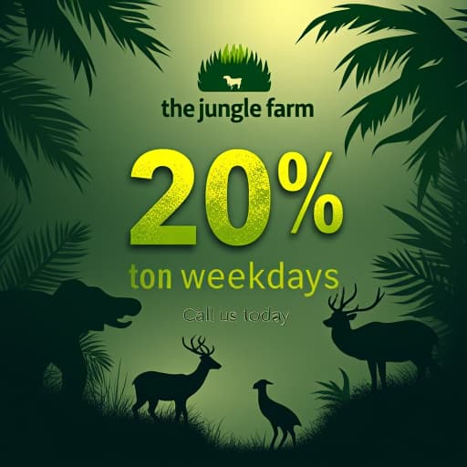  create a wildlife themed offer post for 'the junglee farm' with the following elements: main message: '20% off on weekdays' in bold, natural colored font (dark green or earthy brown). call to action: 'call us today' prominently displayed below the offer. theme: incorporate elements of wildlife, such as silhouettes of animals (e.g., deer, elephants, birds), lush greenery, and natural textures like wood or leaves. logo style: use 'the junglee farm' logo at the top of the post. the logo features a bold, serif font with slightly curved edges, rendered in a deep green color with a subtle texture, giving it a natural, organic feel. the text has a slightly raised, embossed effect, emphasizing its prominence. surround the logo with jungle foliage  hyperrealistic, full body, detailed clothing, highly detailed, cinematic lighting, stunningly beautiful, intricate, sharp focus, f/1. 8, 85mm, (centered image composition), (professionally color graded), ((bright soft diffused light)), volumetric fog, trending on instagram, trending on tumblr, HDR 4K, 8K