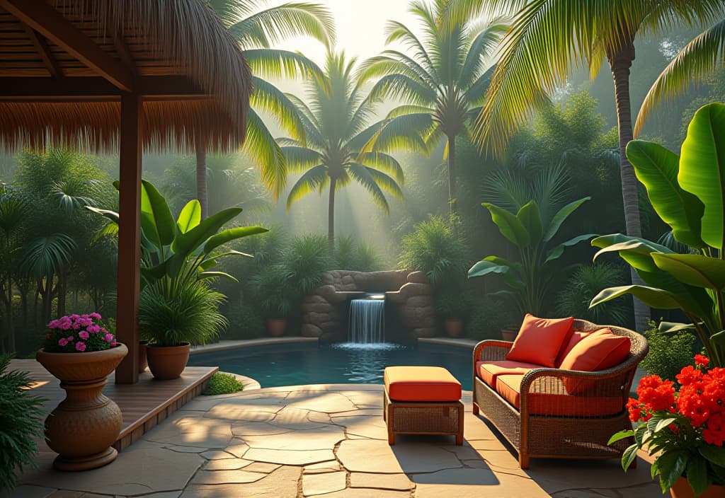  a landscape photo of a tropical paradise patio with lush palm trees, vibrant flowers, a thatched roof cabana, rattan furniture, and a small waterfall feature hyperrealistic, full body, detailed clothing, highly detailed, cinematic lighting, stunningly beautiful, intricate, sharp focus, f/1. 8, 85mm, (centered image composition), (professionally color graded), ((bright soft diffused light)), volumetric fog, trending on instagram, trending on tumblr, HDR 4K, 8K