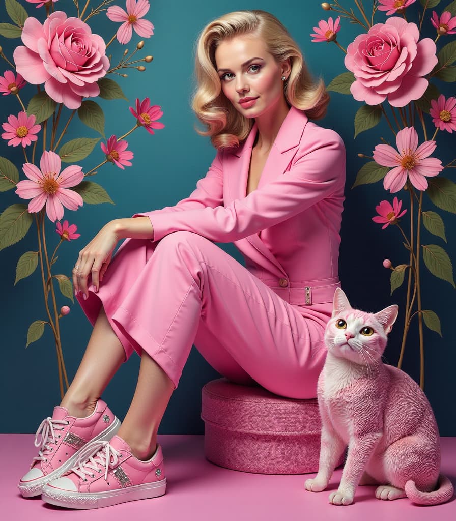  surrealist art (masterpiece, oil painting:1.2). (glamour style, pink neon inscription at bottom: "glamour artgeneration:1.2). woman of slavic appearance with norwegian and scandinavian roots (pinup style:1.4) (wearing pink clothes and pink women's sneakers, wearing rhinestones painted under floral patterns in william morris style:1.2), advertising a glamorous futuristic set pink women's sneakers, a pink iphone in rhinestones and a pink faience cat. the design of all the items and clothing is dominated by (sophisticated exotic glamor bordering on protest), stirring the imagination and striking originality. high resolution. high detail. increased attention to fine detail. avant garde design. (at the bottom is the text written in large bold 