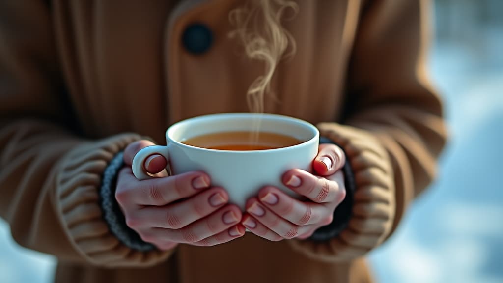  scenes about health and fitness, a chilly winter scene with someone holding a cup of steaming guava leaf tea, symbolizing warmth and health. hyperrealistic, full body, detailed clothing, highly detailed, cinematic lighting, stunningly beautiful, intricate, sharp focus, f/1. 8, 85mm, (centered image composition), (professionally color graded), ((bright soft diffused light)), volumetric fog, trending on instagram, trending on tumblr, HDR 4K, 8K