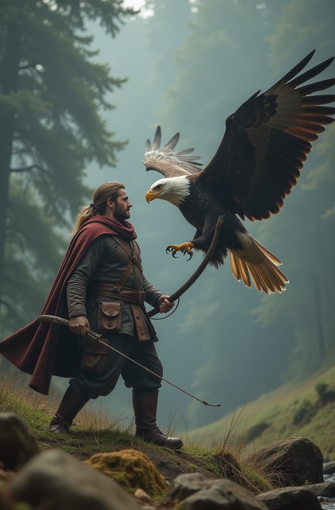  eagle attacks a man holding a bow and he is scared hyperrealistic, full body, detailed clothing, highly detailed, cinematic lighting, stunningly beautiful, intricate, sharp focus, f/1. 8, 85mm, (centered image composition), (professionally color graded), ((bright soft diffused light)), volumetric fog, trending on instagram, trending on tumblr, HDR 4K, 8K