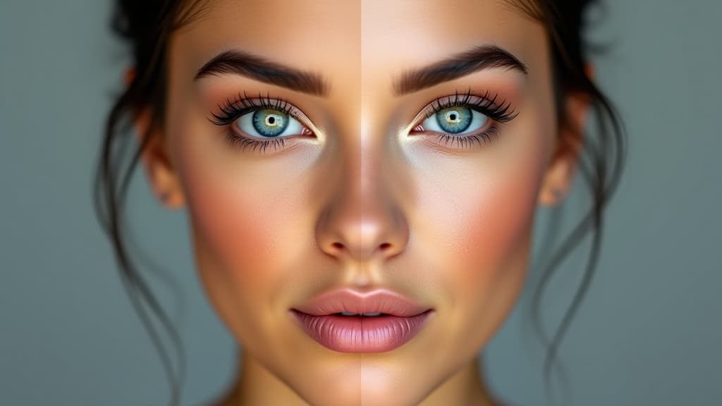  before and after beauty. a compelling split face portrait of a woman, one side with natural skin including freckles and the other side showcasing a flawless makeup look