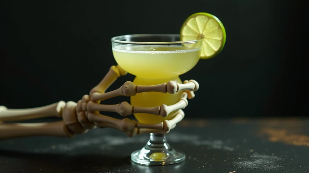  professional detailed photography, studio shot photo of a skeleton hand holding a margarita glass with a lime wheel on the edge of the glass ar 16:9, (muted colors, dim colors, soothing tones), (vsco:0.3)