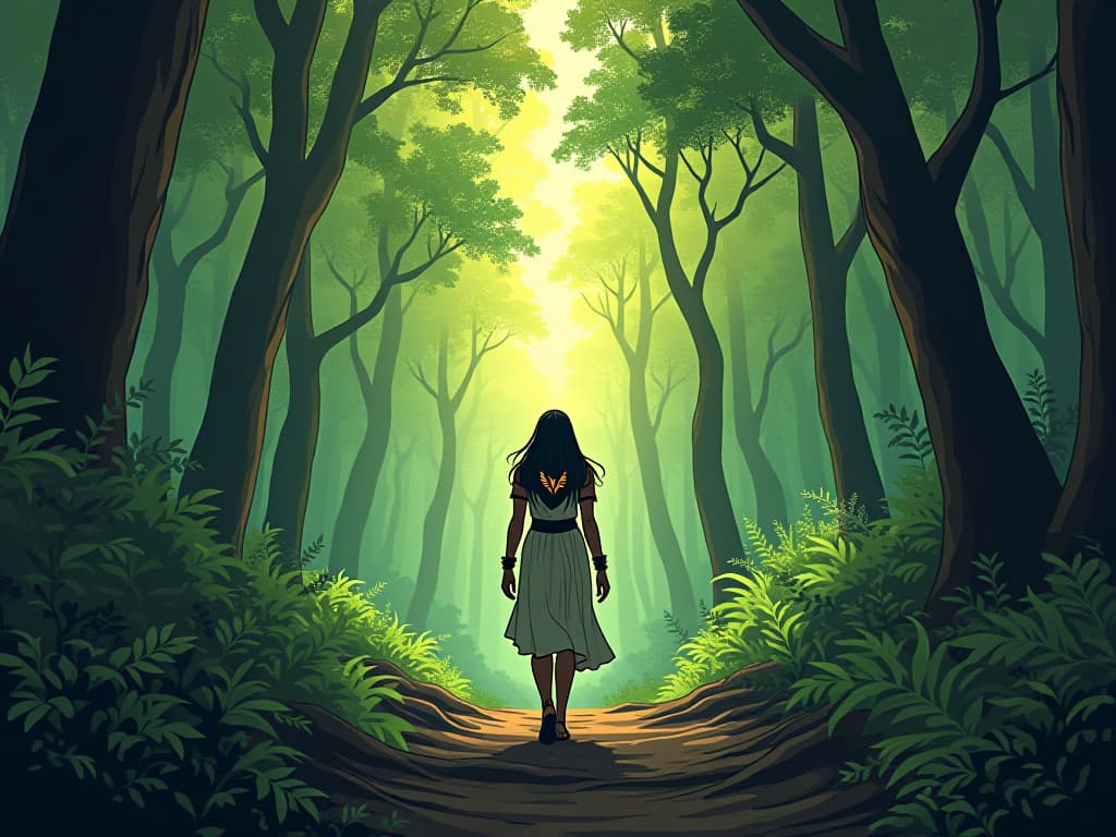  a person walking through a lush forest, feeling energized and inspired by the natural beauty. the style is digital art illustration / modern comic book / mysterious occult, symbolic, esoteric vibe,high detail on character design, incorporating ancient egyptian symbology and attire.