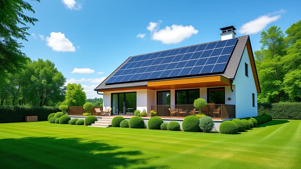  modern suburban home with an extensive solar panel array in a bright, green garden under a clear blue sky, showcasing renewable energy solutions