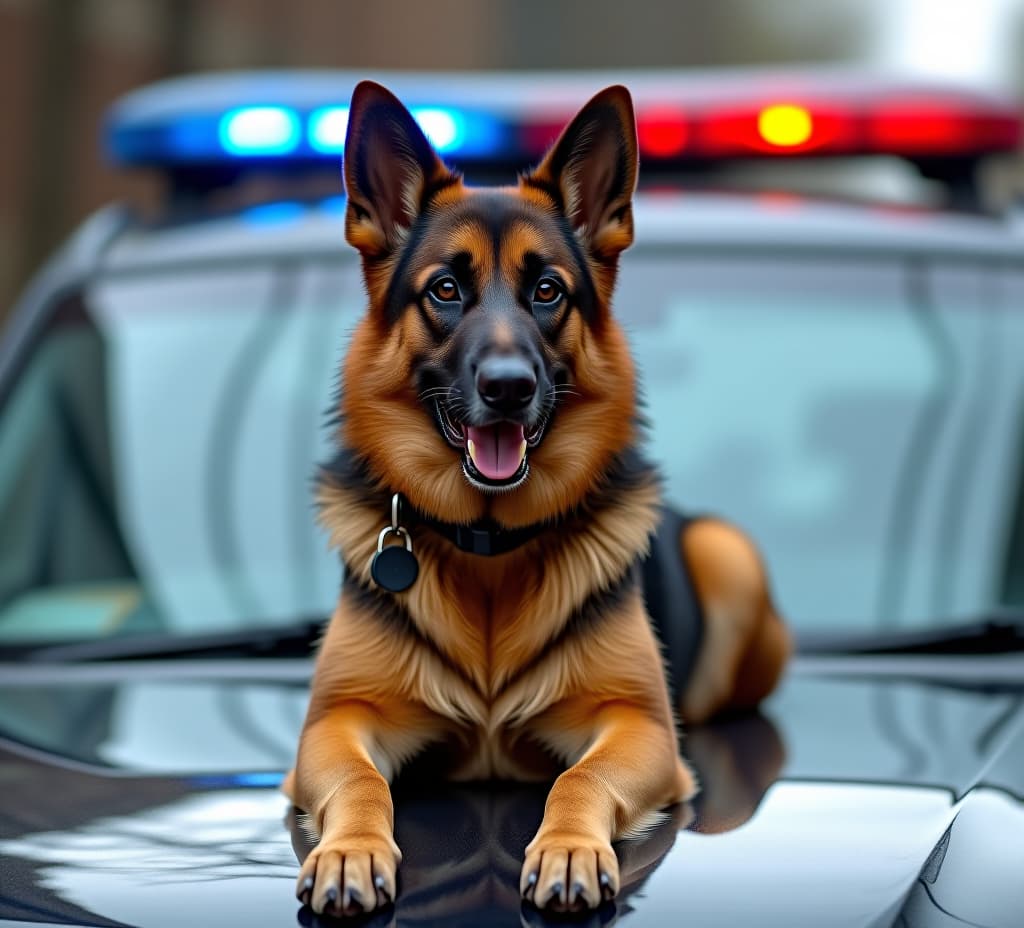  trained k9 german shepherd police guard dog sitting on the hood of car vehicle with blue and red lights on security service brown and black animal, street crime, safety, protect