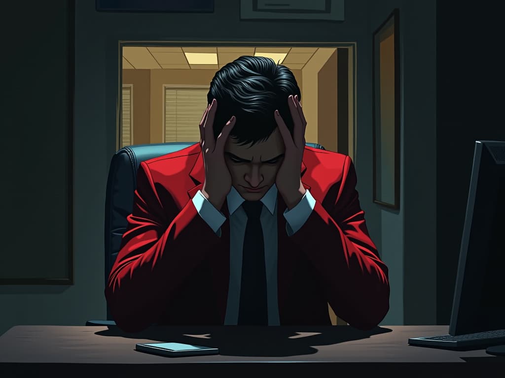  coworker in red business attire, head in hands, dim office, shadows of regret. the style is digital art illustration / modern comic book / graphic dark novel fantasy and mysterious occult, symbolic, moody lighting, esoteric vibe,high detail on character design. for the color scheme emphasize blacks and reds.