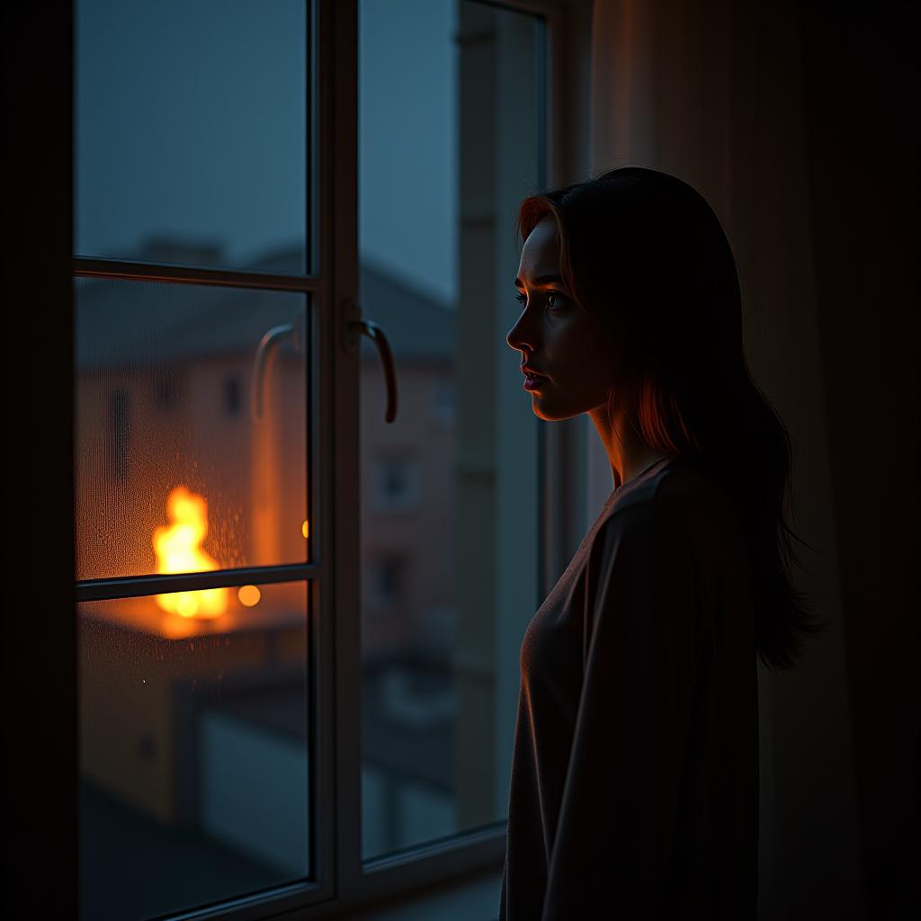  a young woman late at night, she stands by her bedroom window, her face illuminated by the bright light of a fire outside, she looks frightened as she gazes out the window, a masterpiece, cinematography, film, photorealism