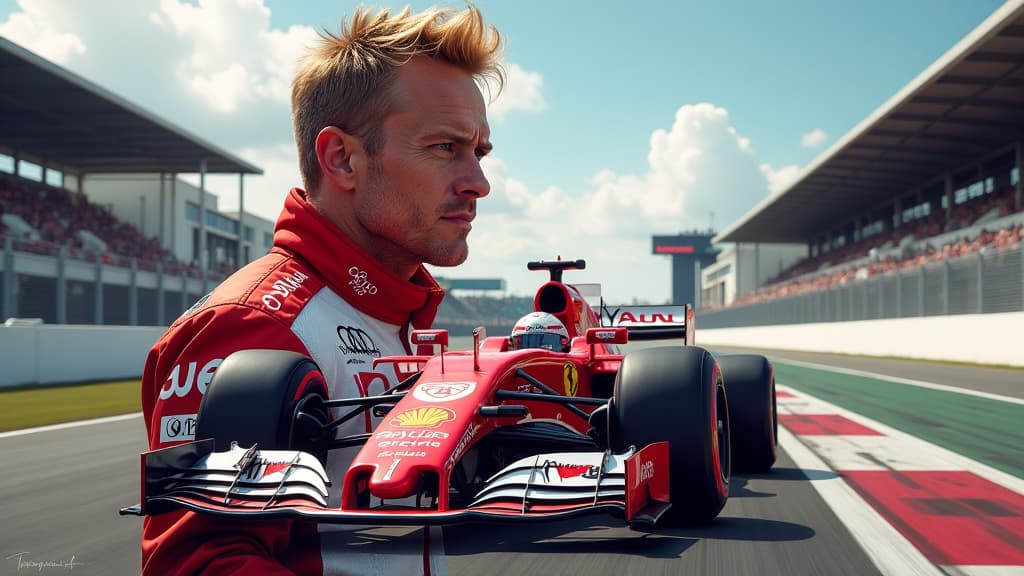  prompt: create a hyper realistic and detailed image showcasing mick schumacher's journey and aspirations in formula 1. the composition should prominently feature a dynamic formula 1 track with a sleek racing car bearing the logos of audi, mercedes, and alpine. include a focused and determined portrait of mick schumacher, embodying his resilience and ambition for an f1 comeback. surround him with symbolic elements like a ticking clock, emphasizing the crucial role of timing in his career decision