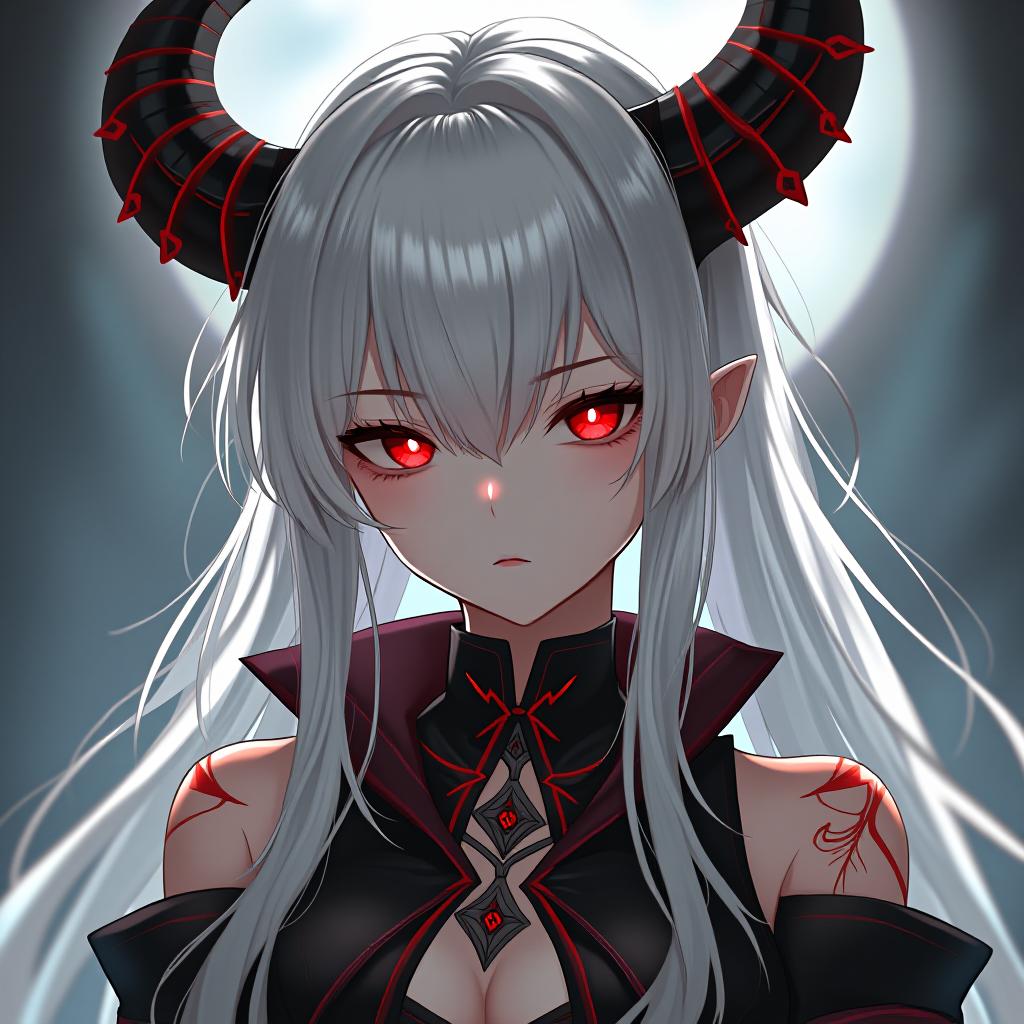  make a demonslayer girl with white hair and red eyes shes 16, award winning, professional, highly detailed, masterpiece