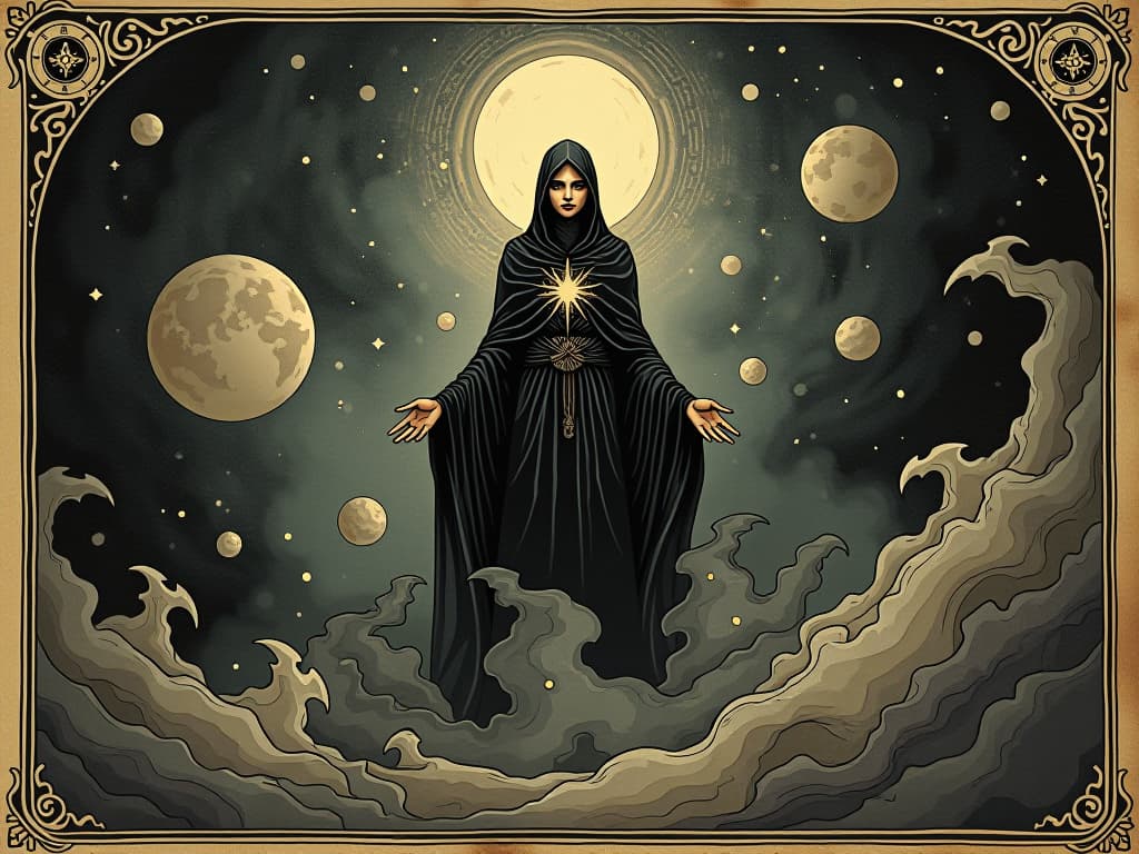  figure surrounded by cosmic elements, universe swirling around, creative force emanating, infinite imagination, boundless creativity. an illustration in the style of a worn, mystical old tarot trump card, mysterious and elements of surrealism. the colors are muted, somber and eerie, but with contrast bring out an occult and esoteric vibe.