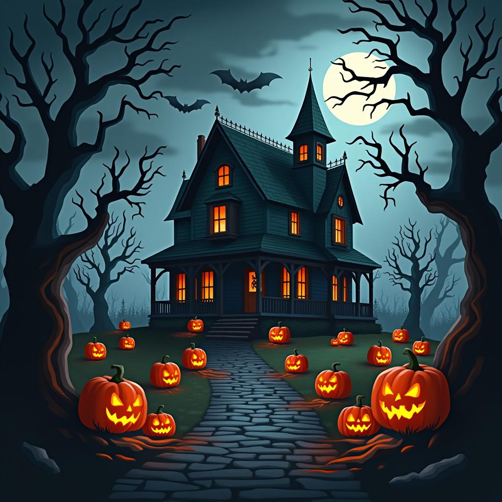  create a seamless digital painting of a spooky, halloween themed scene featuring a haunted house with gothic architecture. the house should be surrounded by twisted, gnarled trees and a multitude of jack o' lanterns. the scene should include a dark, cloudy sky to enhance the eerie atmosphere. the overall style should be detailed and atmospheric, capturing the essence of a haunted, creepy environment perfect for halloween, ensuring the design is seamless for use in repeating patterns or wraps.