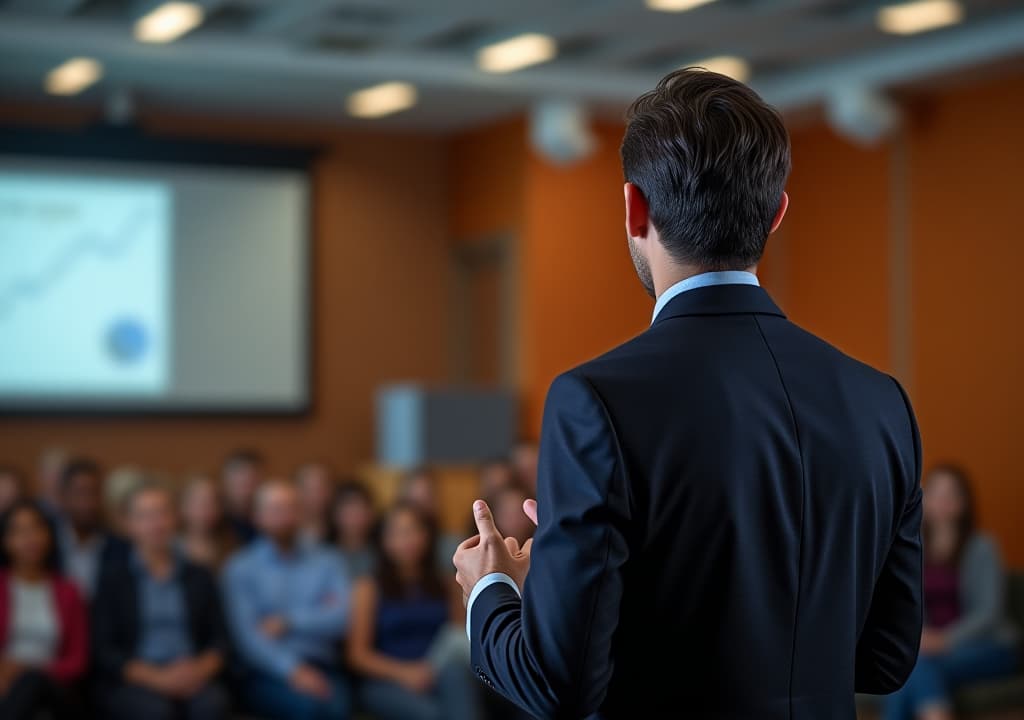  a confident speaker presents in front of a captivated audience at a professional event, emphasizing communication and engagement.