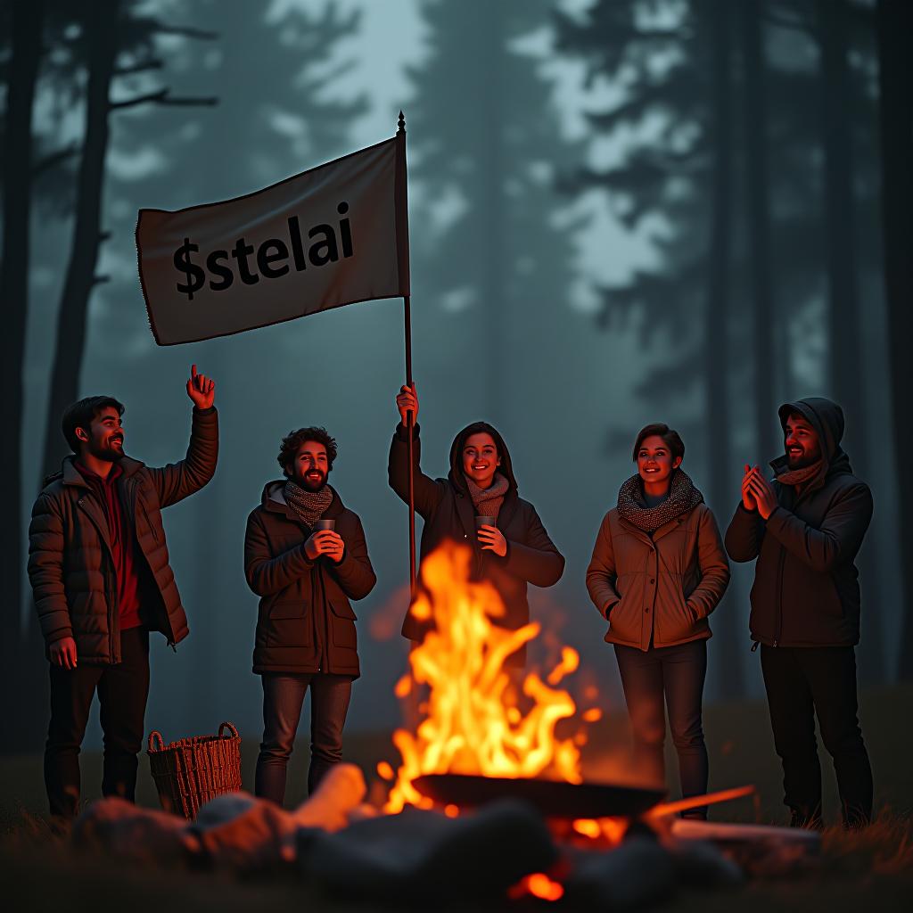  friends around a fire with trees in the background. cheers, a flag with $stelai written on it hyperrealistic, full body, detailed clothing, highly detailed, cinematic lighting, stunningly beautiful, intricate, sharp focus, f/1. 8, 85mm, (centered image composition), (professionally color graded), ((bright soft diffused light)), volumetric fog, trending on instagram, trending on tumblr, HDR 4K, 8K