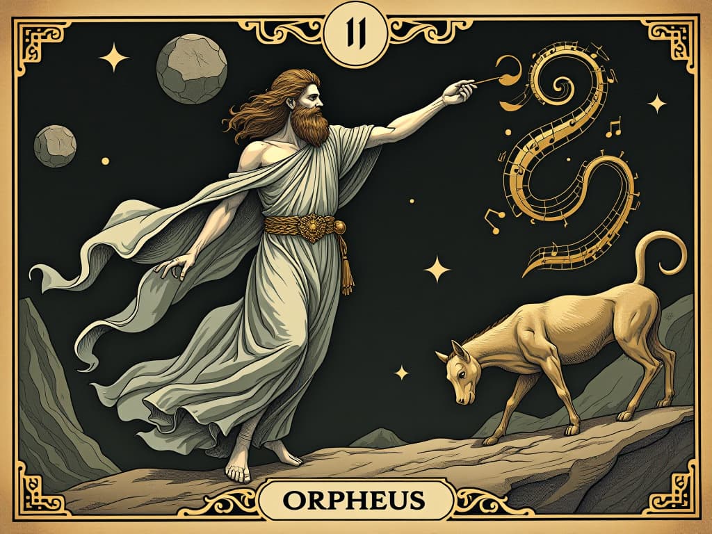  a scene with orpheus, his melodies depicted as swirling, golden musical notes, moving animals, and even stones, orpheus in mid play with flowing garments, dynamic, mythical. an illustration in the style of a worn, mystical old tarot trump card, mysterious and elements of surrealism. the colors are muted, somber and eerie, but with contrast bring out an occult and esoteric vibe.