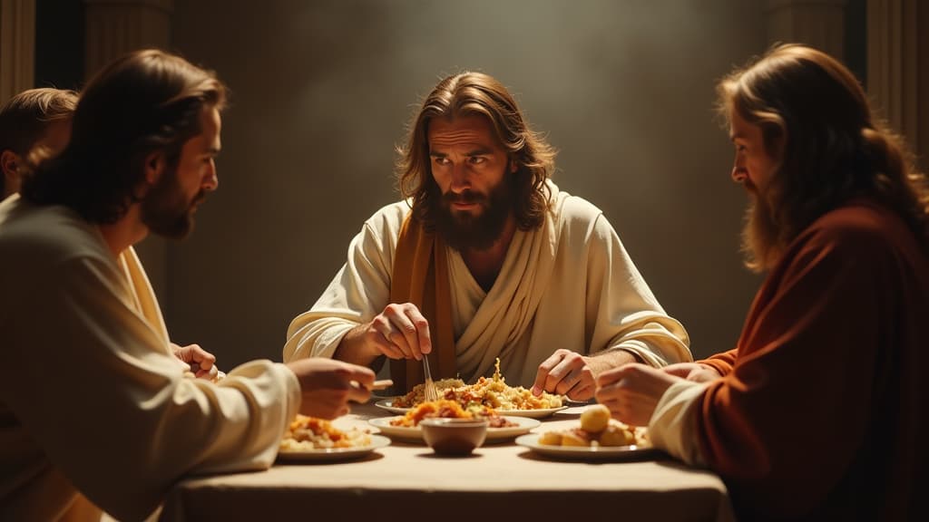  history of biblical times, a tense scene of peter eating with gentile christians, showcasing the social pressure and conflict with other apostles regarding the law. hyperrealistic, full body, detailed clothing, highly detailed, cinematic lighting, stunningly beautiful, intricate, sharp focus, f/1. 8, 85mm, (centered image composition), (professionally color graded), ((bright soft diffused light)), volumetric fog, trending on instagram, trending on tumblr, HDR 4K, 8K