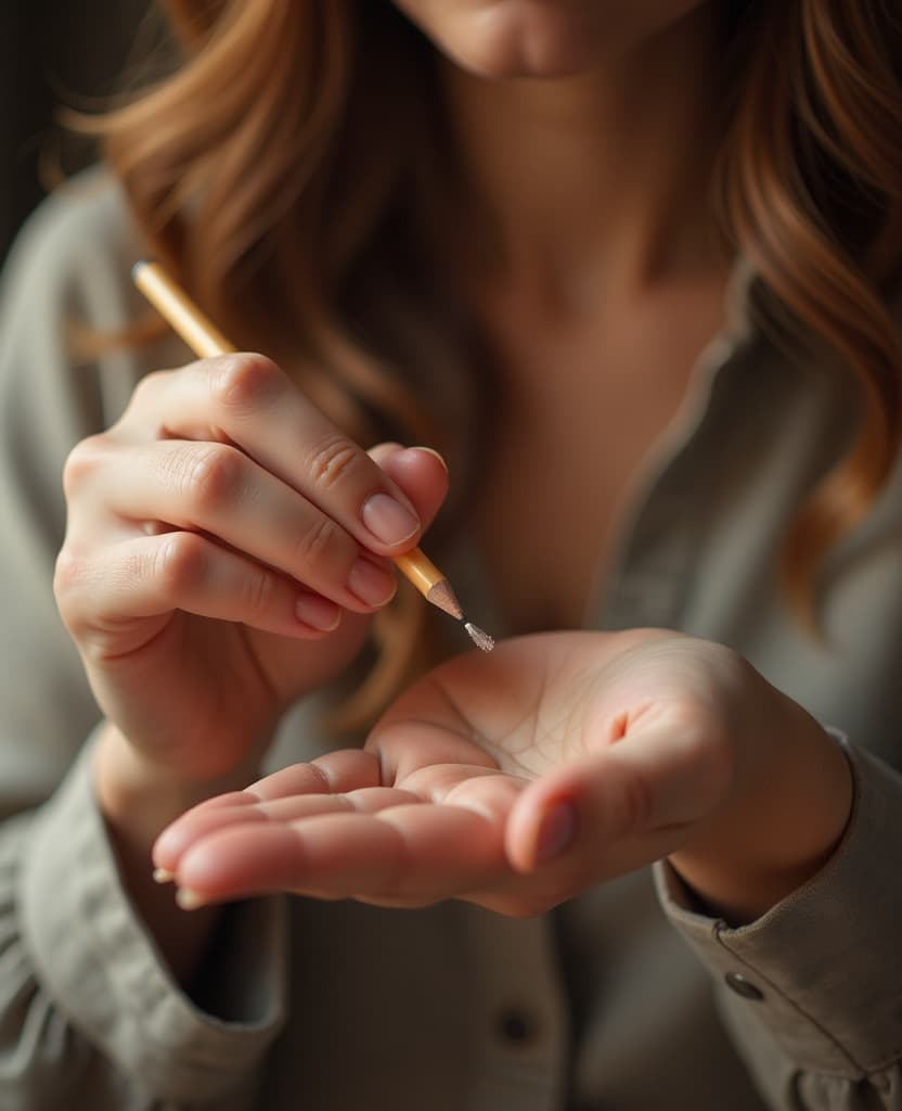  hdr photo of a woman applies a small amount of perfume to her wrist, hands, small pencil, application, close up . high dynamic range, vivid, rich details, clear shadows and highlights, realistic, intense, enhanced contrast, highly detailed