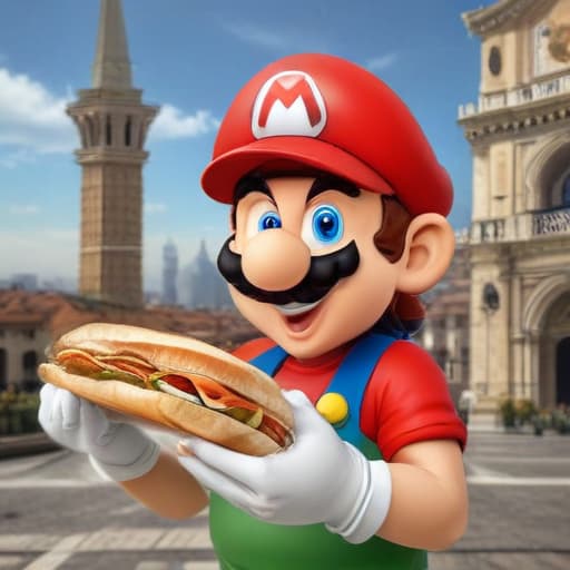 Mario ordering an Italian sandwich in Cartoon style with City background