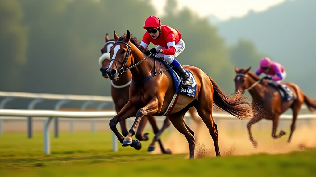  high speed horse racing action with jockey in motion, capturing the thrill and intensity of the sport.