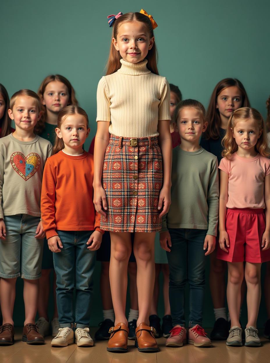  close up shot, the annual second grade group photo at a swedish . a very tall figure dominates the frame, a first grade girl named ola. with freckles dusting her face, gigantic ample , extremely long, toned legs and ponytail adorned with colorful ribbons, ola stands with her feet apart, amidst her clmates. her daring tight turtleneck with stylish patterned pencil , paired with chunky jewelry and very high heels, clashes with the casual uniforms of her rs. despite her young age, ola's height is astonishing; she almost reaches the ceiling, casting long shadows that envelop those around her. her clmates, a mix of scared s and girls, huddle together, fear etched on their faces. ola, relishing in her power