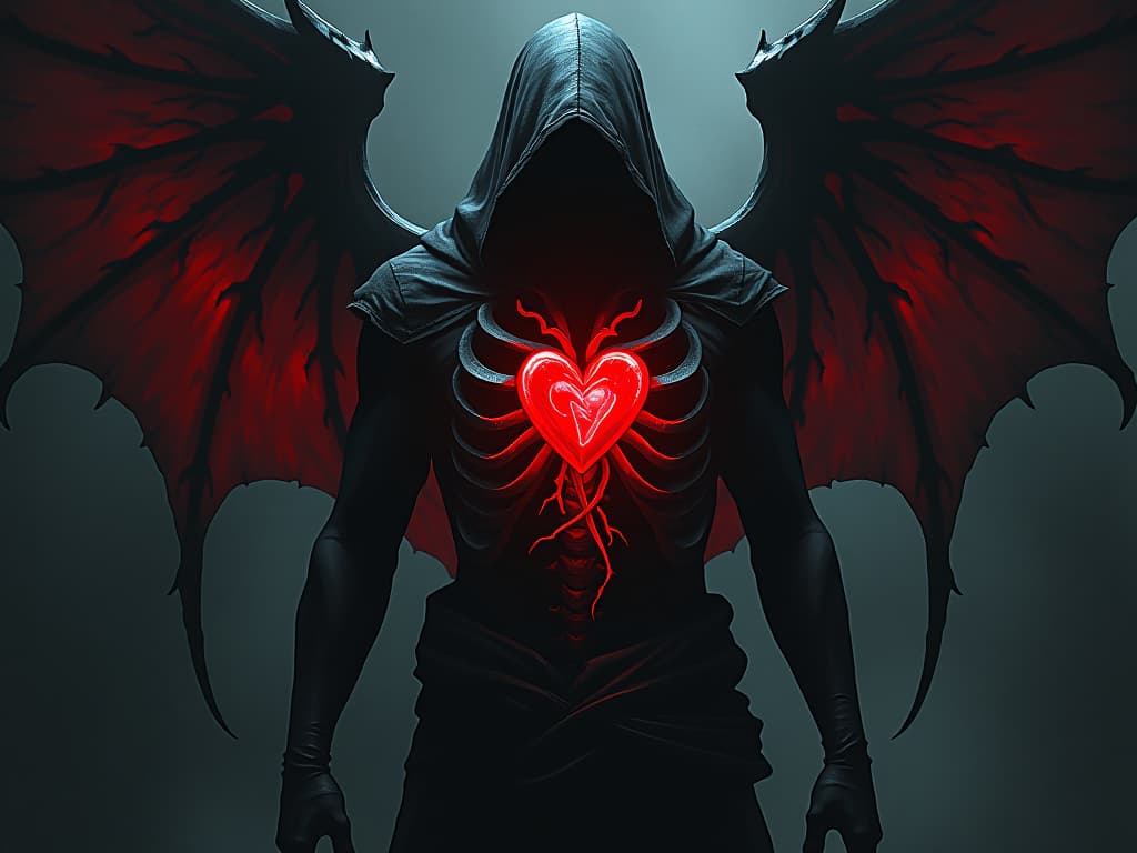  shield of shadows, ethereal ribs encasing a frightened heart, dark tendrils of avoidance wrapping around, atmosphere of defense and isolation. the style is dark fantasy and mysterious occult, symbolic, moody lighting, esoteric vibe,high detail on character design. for the color scheme emphasize blacks and reds.