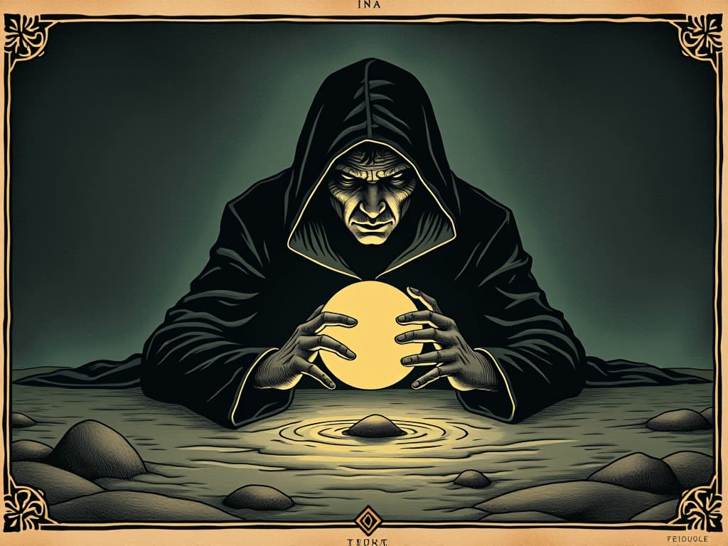  truth revealed, figure uncovering hidden object, faint light emanating from beneath, insightful, revelatory. an illustration in the style of a worn, mystical old tarot trump card, mysterious and elements of surrealism. the colors are muted, somber and eerie, but with contrast bring out an occult and esoteric vibe.